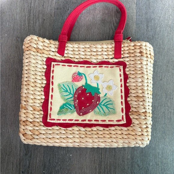 Strawberry Embroidered Straw Tote Bag with Red Handles - Picture 1 of 3